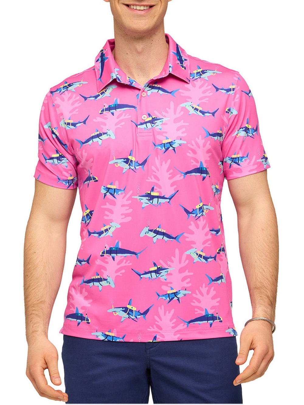 chubbies Pink Polo with Blue Shark Print